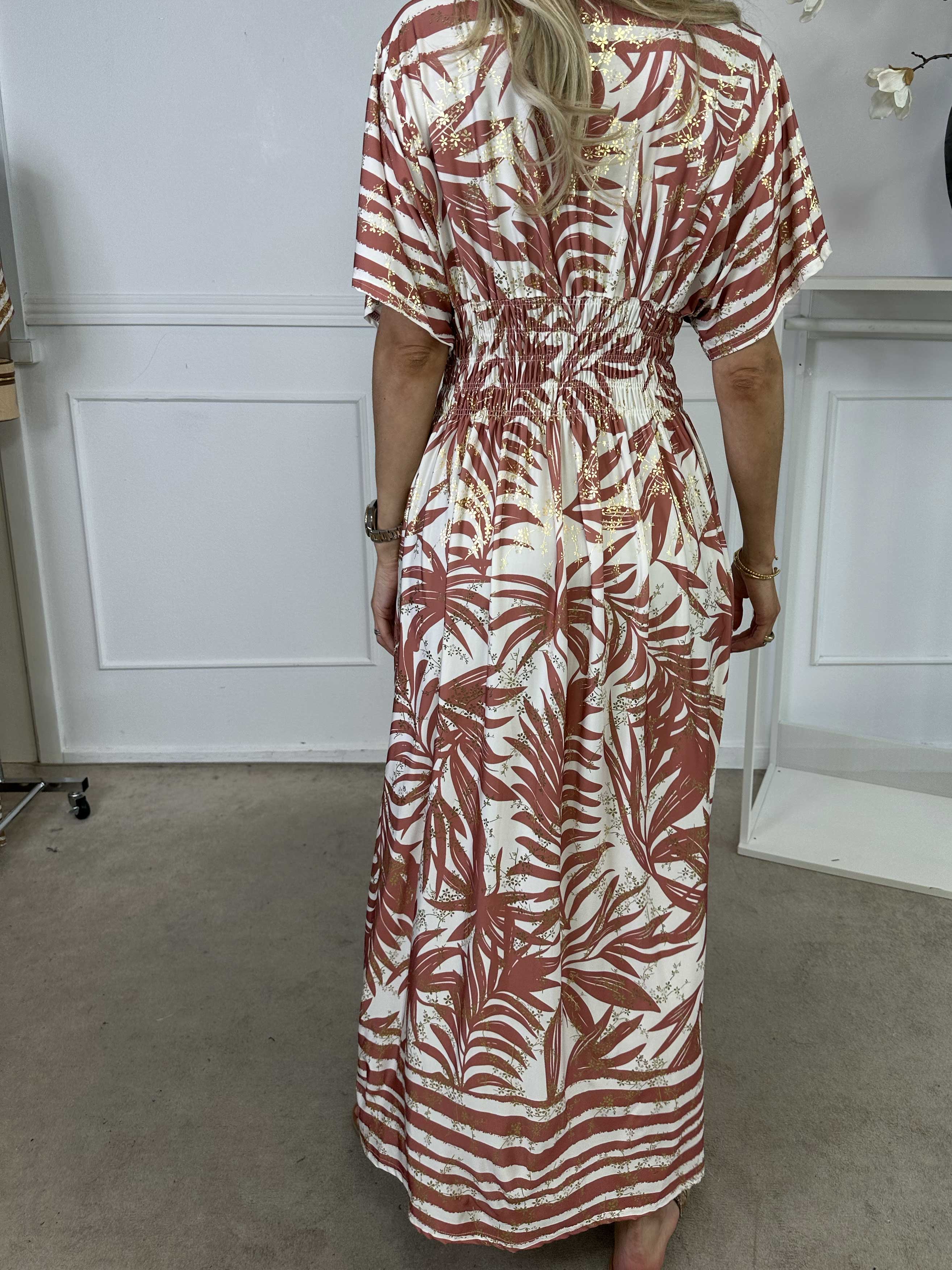 Pams Palm - Lång elastisk klänning med palmblad och smockad midja